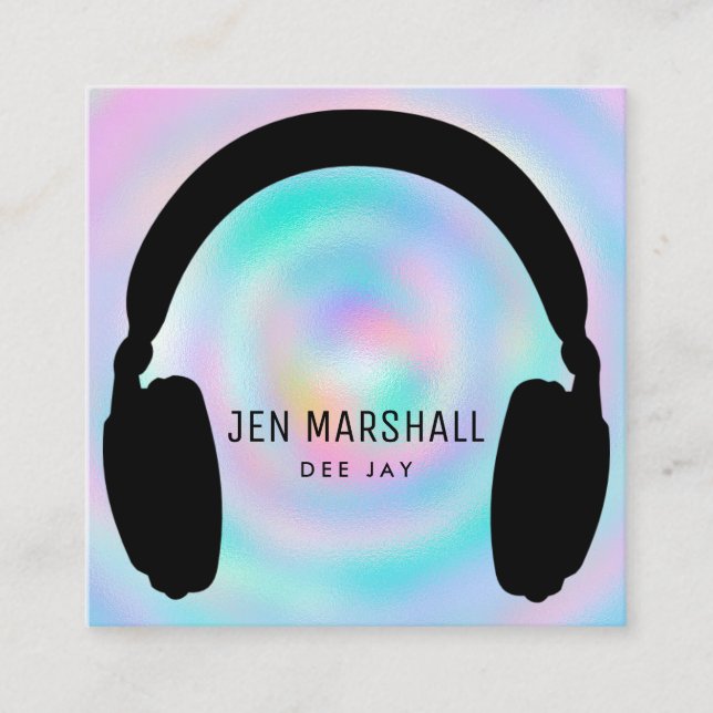 DJ headphones on faux holographic background Square Business Card (Front)