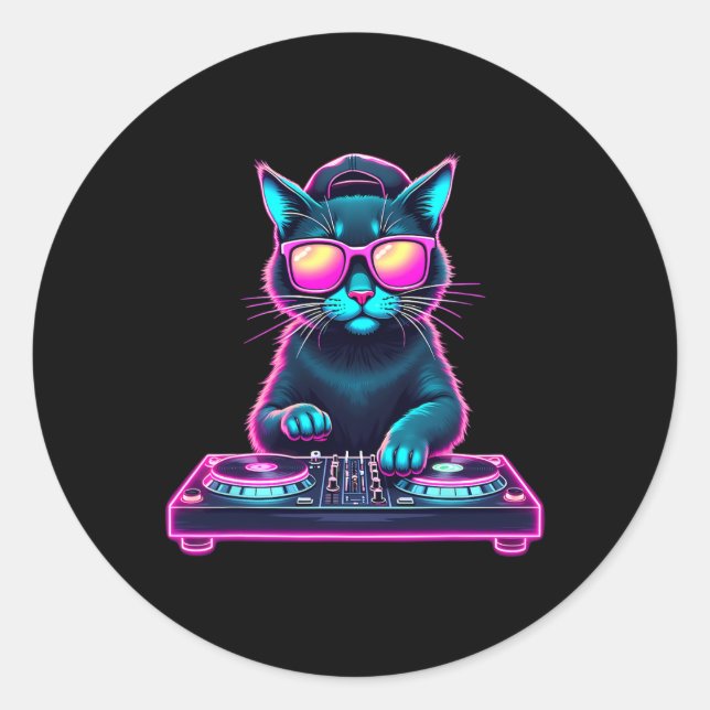 Dj House Cat Rainbow Dj Cat Kitty  Classic Round Sticker (Front)