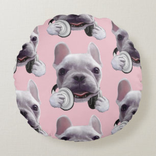 DJ Mode On: Cool French Bulldog with Headphones Round Cushion