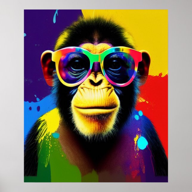 DJ Monkey Print, Stylish Colourful Glasses, Chimp Poster (Front)