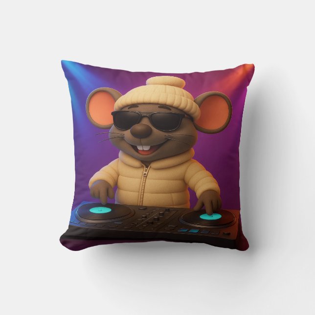  DJ Mouse Throw Pillow | Funny Cartoon Party Anima (Front)