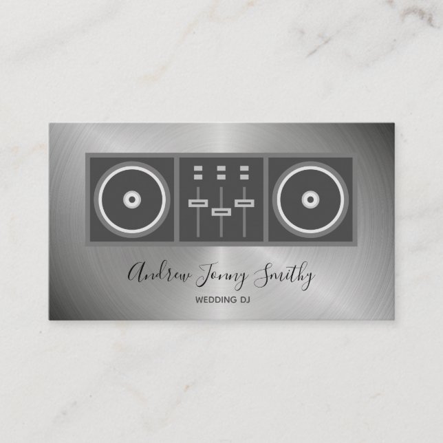 DJ Music Turntable & DJ Mixer Logo - Faux Metal Business Card (Front)