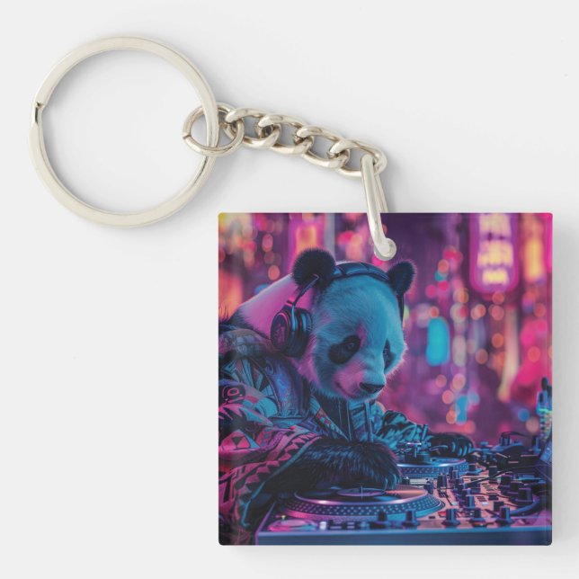 DJ Panda with headphones Key Ring (Front)