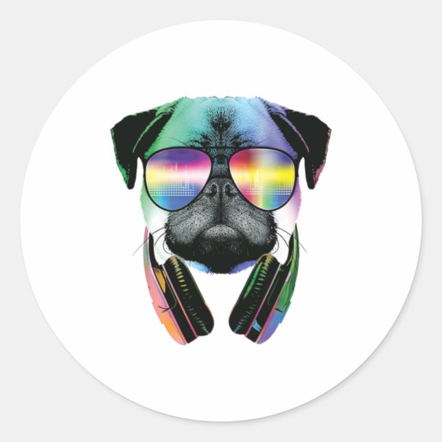Dj Pug With Headphones And Sunglasses Classic Round Sticker (Front)