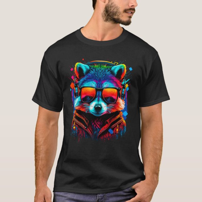Dj Racoon With Sunglasses EDM Techno Vaporwave T-Shirt (Front)