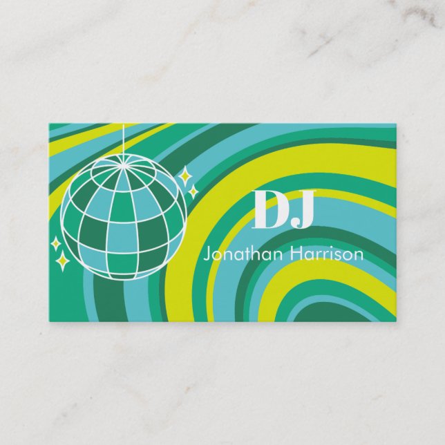 DJ Retro Groovy Wave Disco Ball Green Business Card (Front)