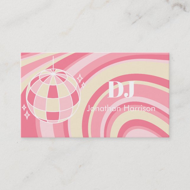 DJ Retro Groovy Wave Disco Ball Pink Business Card (Front)