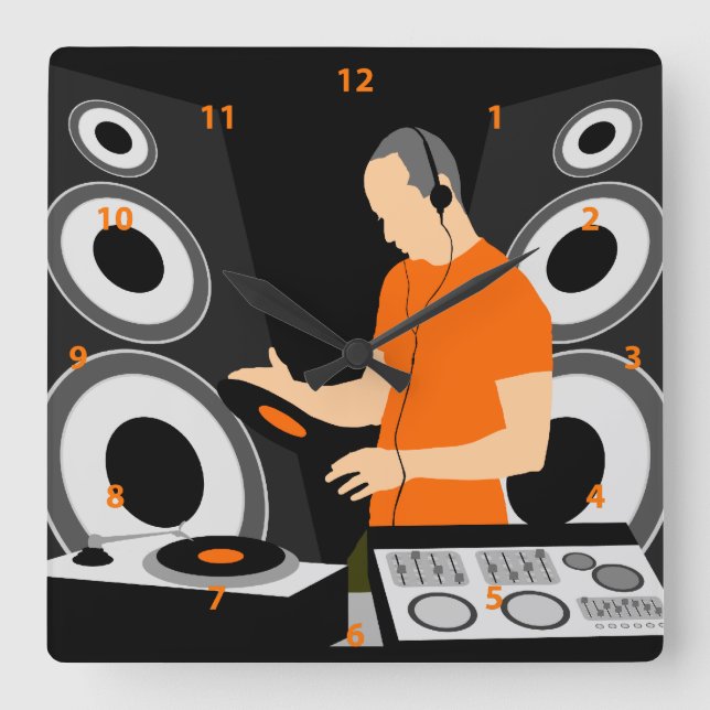 DJ Spinning Vinyl At Decks Square Wall Clock (Front)