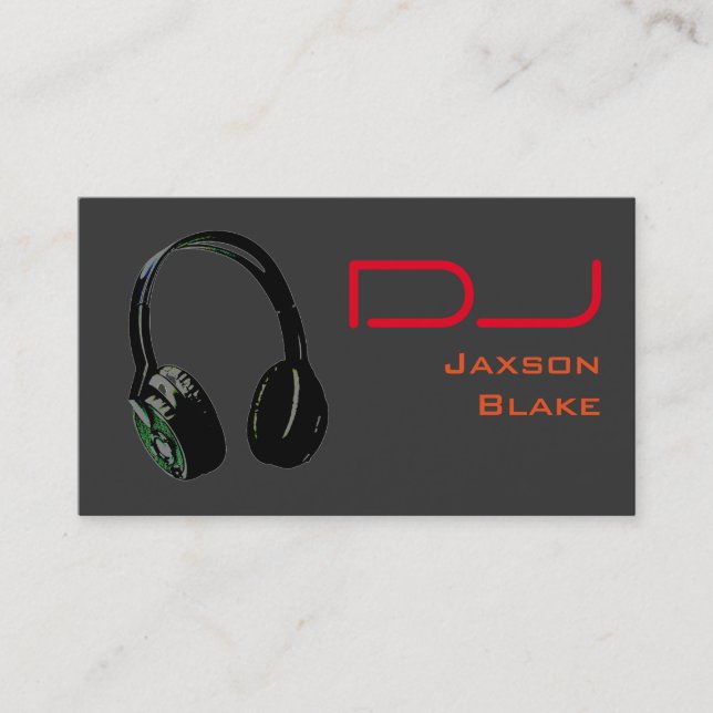 DJ Stylish Red Orange Grey Background Headphone Business Card (Front)