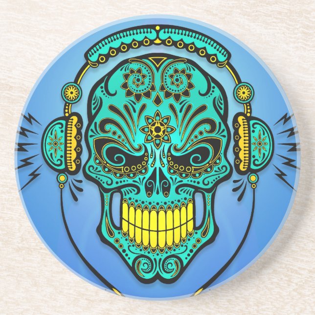 DJ Sugar Skull – Blue and Yellow Coaster (Front)