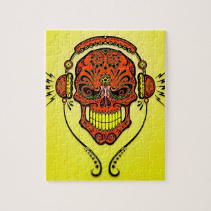 DJ Sugar Skull, red and yellow Jigsaw Puzzle