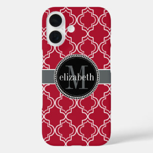 Dk Berry Red Black Moroccan Quatrefoil Monogram iPhone 16 Case