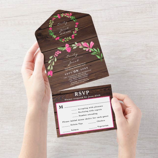 Dk Brown Rustic Wood Pink Floral Country Wed RSVP All In One Invitation (Tearaway)
