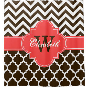Dk Brown Wht Coral Red Moroccan #5 Chevron 1IQRN Shower Curtain