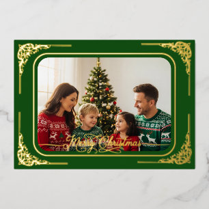 Dk Green Full photo Gold framed Christmas  Foil Holiday Card