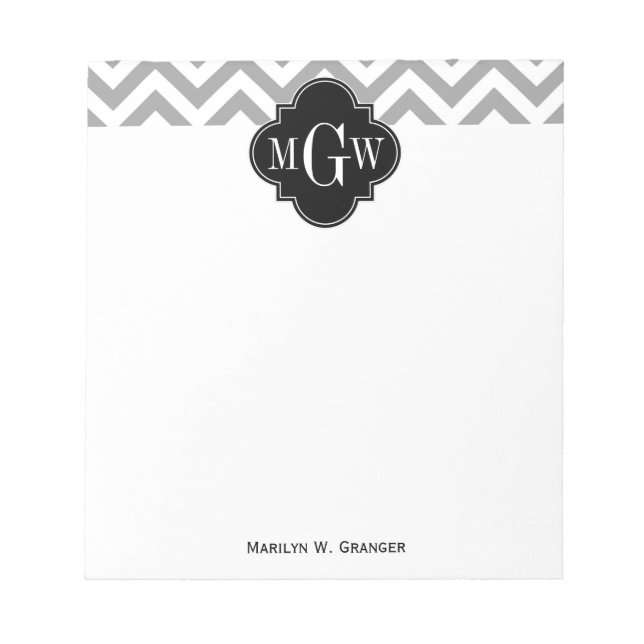 Dk Grey Lg Chevron Black Quatrefoil 3 Monogram Notepad (Front)