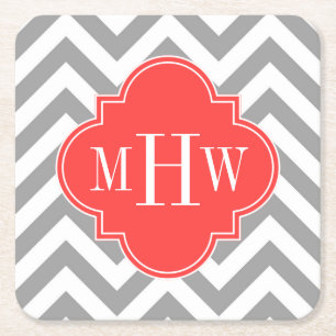 Dk Grey Lg Chevron Coral Red Quatrefoil 3 Monogram Square Paper Coaster