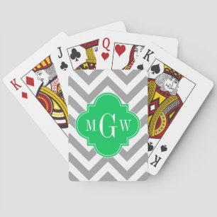 Dk Grey Lg Chevron Emerald Quatrefoil 3 Monogram Playing Cards