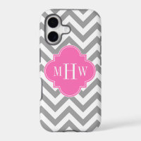 Dk Grey Lg Chevron Hot Pink Quatrefoil 3 Monogram
