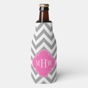 Dk Grey Lg Chevron Hot Pink Quatrefoil 3 Monogram Bottle Cooler