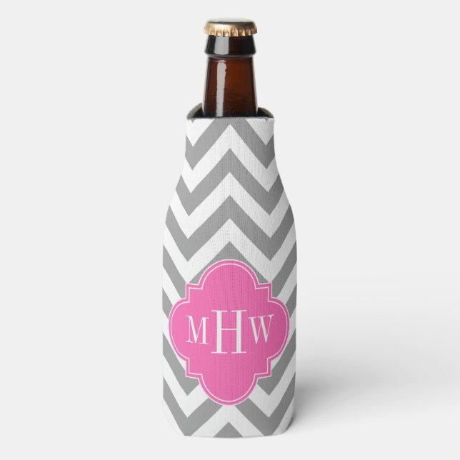 Dk Grey Lg Chevron Hot Pink Quatrefoil 3 Monogram Bottle Cooler (Bottle Front)