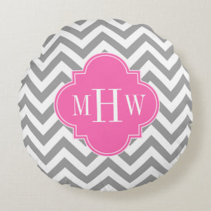Dk Grey Lg Chevron Hot Pink Quatrefoil 3 Monogram Round Cushion