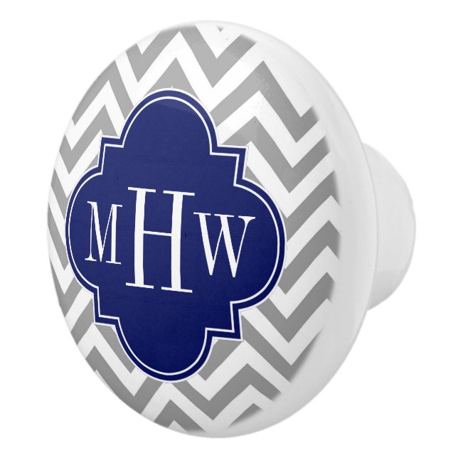 Dk Grey Lg Chevron Navy Quatrefoil 3 Monogram Ceramic Knob (Right)