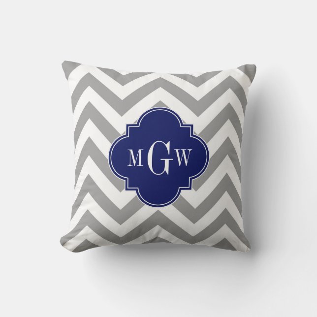 Dk Grey Lg Chevron Navy Quatrefoil 3 Monogram Cushion (Front)