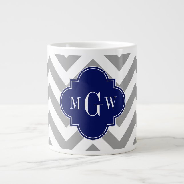 Dk Grey Lg Chevron Navy Quatrefoil 3 Monogram Large Coffee Mug (Front)