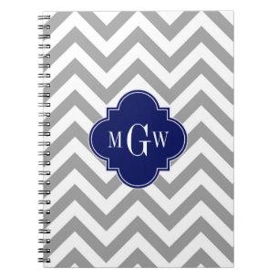 Dk Grey Lg Chevron Navy Quatrefoil 3 Monogram Notebook