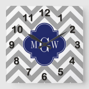 Dk Grey Lg Chevron Navy Quatrefoil 3 Monogram Square Wall Clock