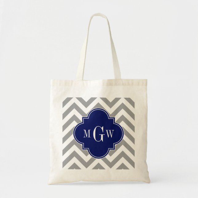 Dk Grey Lg Chevron Navy Quatrefoil 3 Monogram Tote Bag (Front)