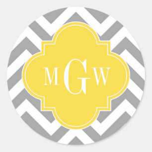 Dk Grey Lg Chevron Pineapple Quatrefoil 3 Monogram Classic Round Sticker