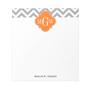 Dk Grey Lg Chevron Pumpkin Quatrefoil 3 Monogram Notepad