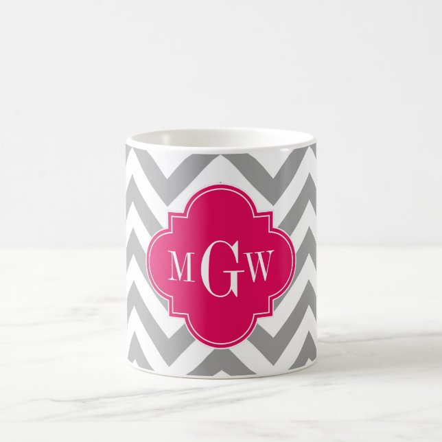 Dk Grey Lg Chevron Raspberry Quatrefoil 3 Monogram Coffee Mug (Center)