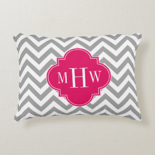 Dk Grey Lg Chevron Raspberry Quatrefoil 3 Monogram Decorative Cushion