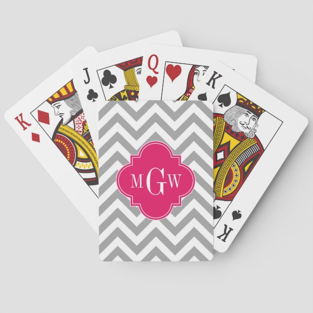 Dk Grey Lg Chevron Raspberry Quatrefoil 3 Monogram Playing Cards (Back)