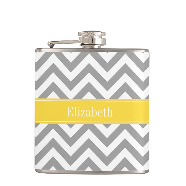 Dk Grey White LG Chevron Pineapple Name Monogram Hip Flask (Front)
