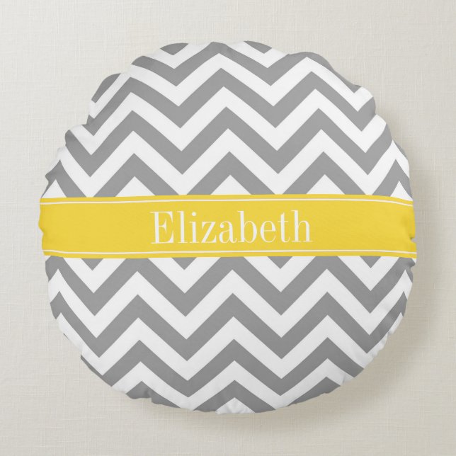 Dk Grey White LG Chevron Pineapple Name Monogram Round Cushion (Front)