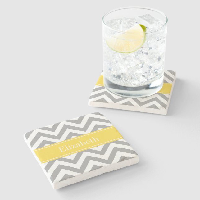 Dk Grey White LG Chevron Pineapple Name Monogram Stone Coaster (Side)