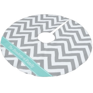 Dk Grey White LG Chevron Turquoise Name Monogram Brushed Polyester Tree Skirt