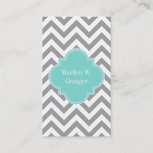 Dk Grey White LG Chevron Turquoise Name Monogram Business Card (Back)