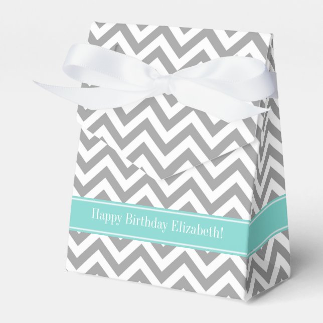 Dk Grey White LG Chevron Turquoise Name Monogram Favour Box (Front Side)