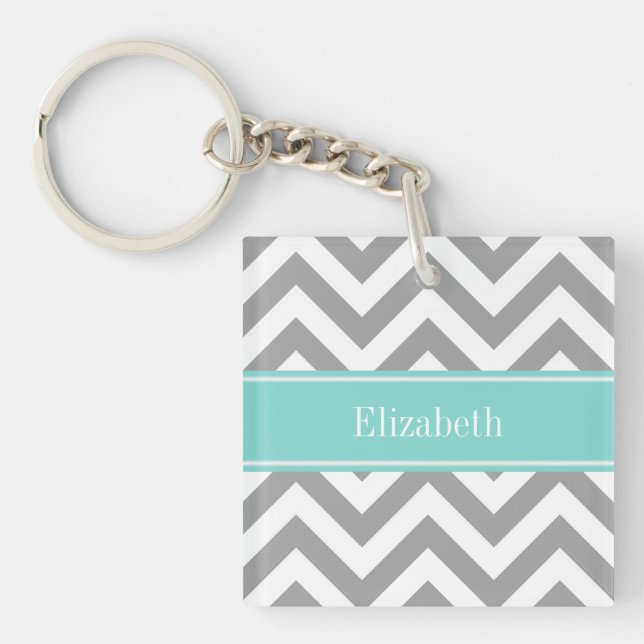 Dk Grey White LG Chevron Turquoise Name Monogram Key Ring (Front)