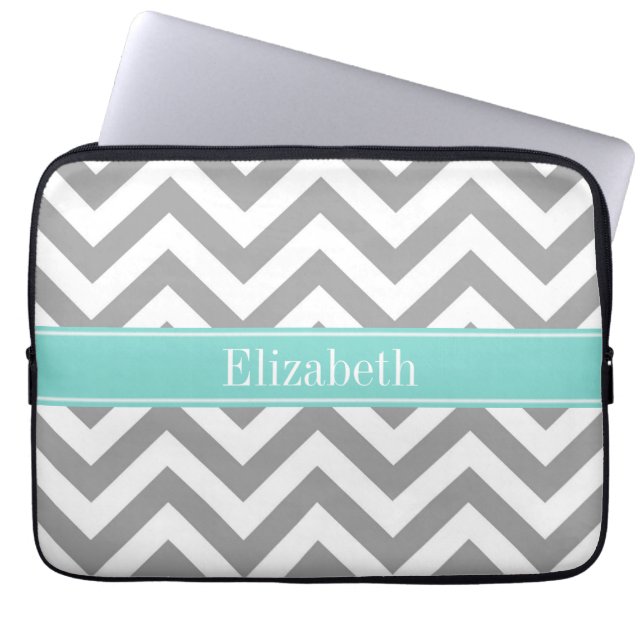 Dk Grey White LG Chevron Turquoise Name Monogram Laptop Sleeve (Front)