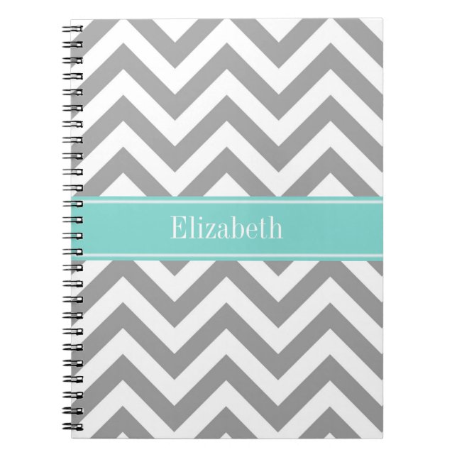 Dk Grey White LG Chevron Turquoise Name Monogram Notebook (Front)