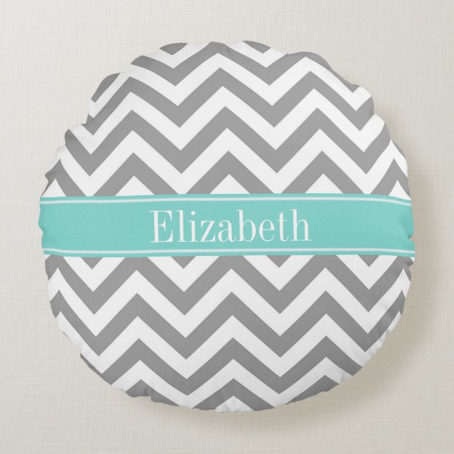 Dk Grey White LG Chevron Turquoise Name Monogram Round Cushion (Front)