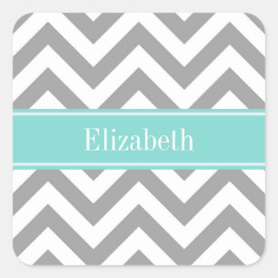 Dk Grey White LG Chevron Turquoise Name Monogram Square Sticker