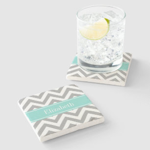 Dk Grey White LG Chevron Turquoise Name Monogram Stone Coaster