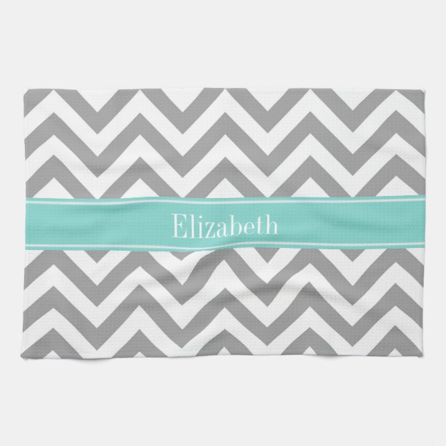 Dk Grey White LG Chevron Turquoise Name Monogram Tea Towel (Horizontal)
